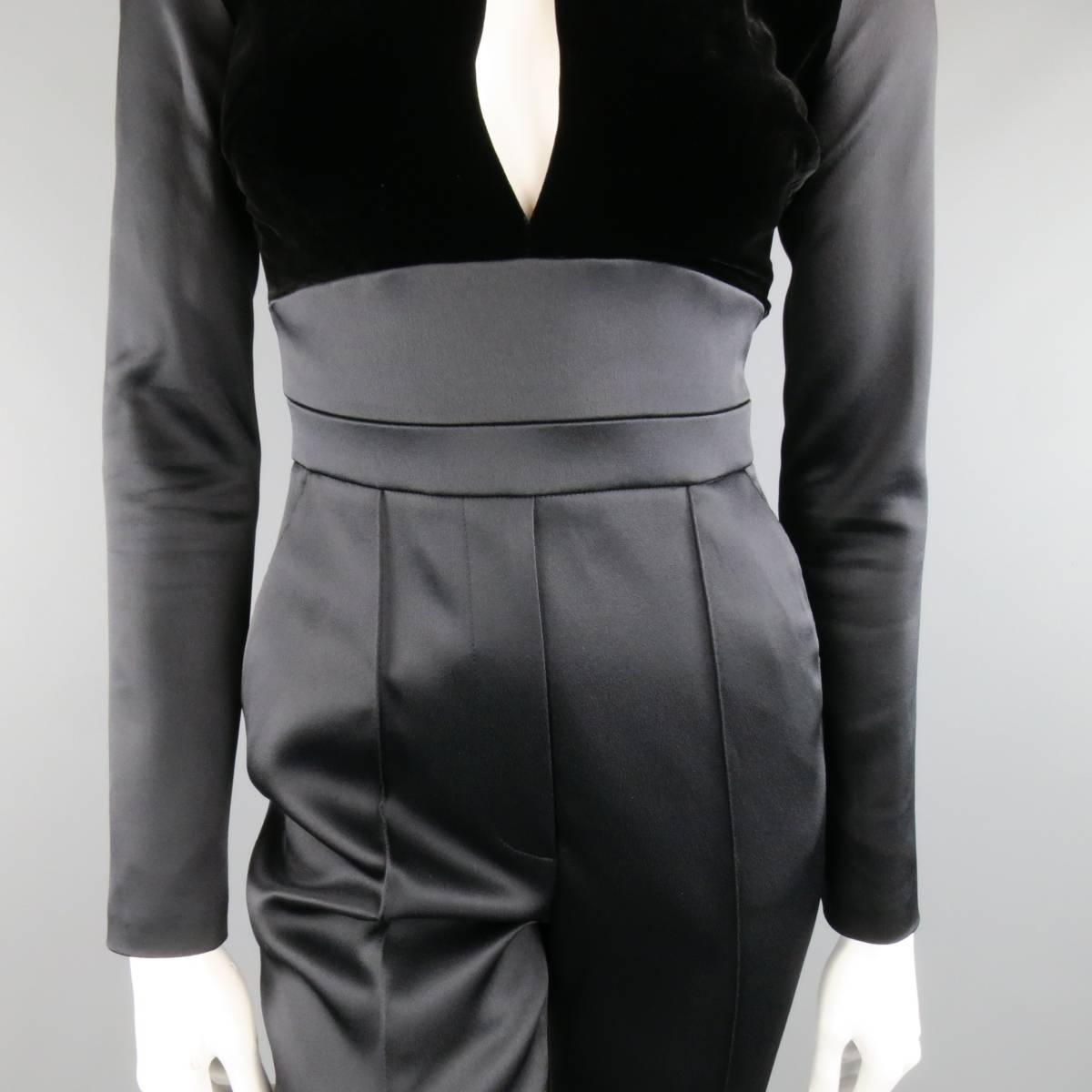 ELIE SAAB Size 4 Black Satin & Velvet Long Sleeve Cutout Jumpsuit In Excellent Condition In San Francisco, CA