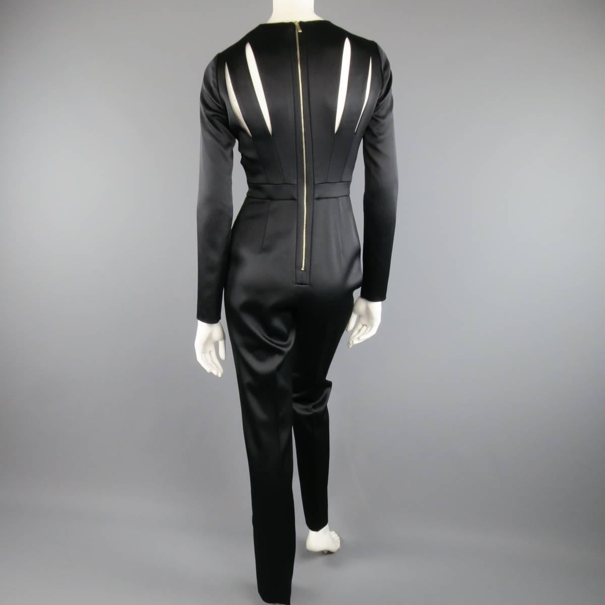 ELIE SAAB Size 4 Black Satin & Velvet Long Sleeve Cutout Jumpsuit 2