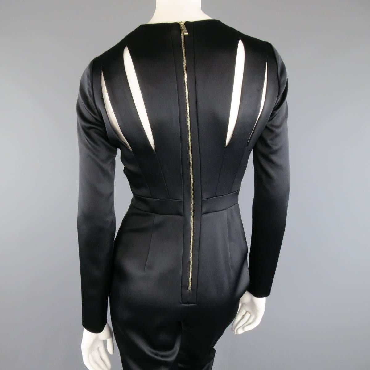 ELIE SAAB Size 4 Black Satin & Velvet Long Sleeve Cutout Jumpsuit 3