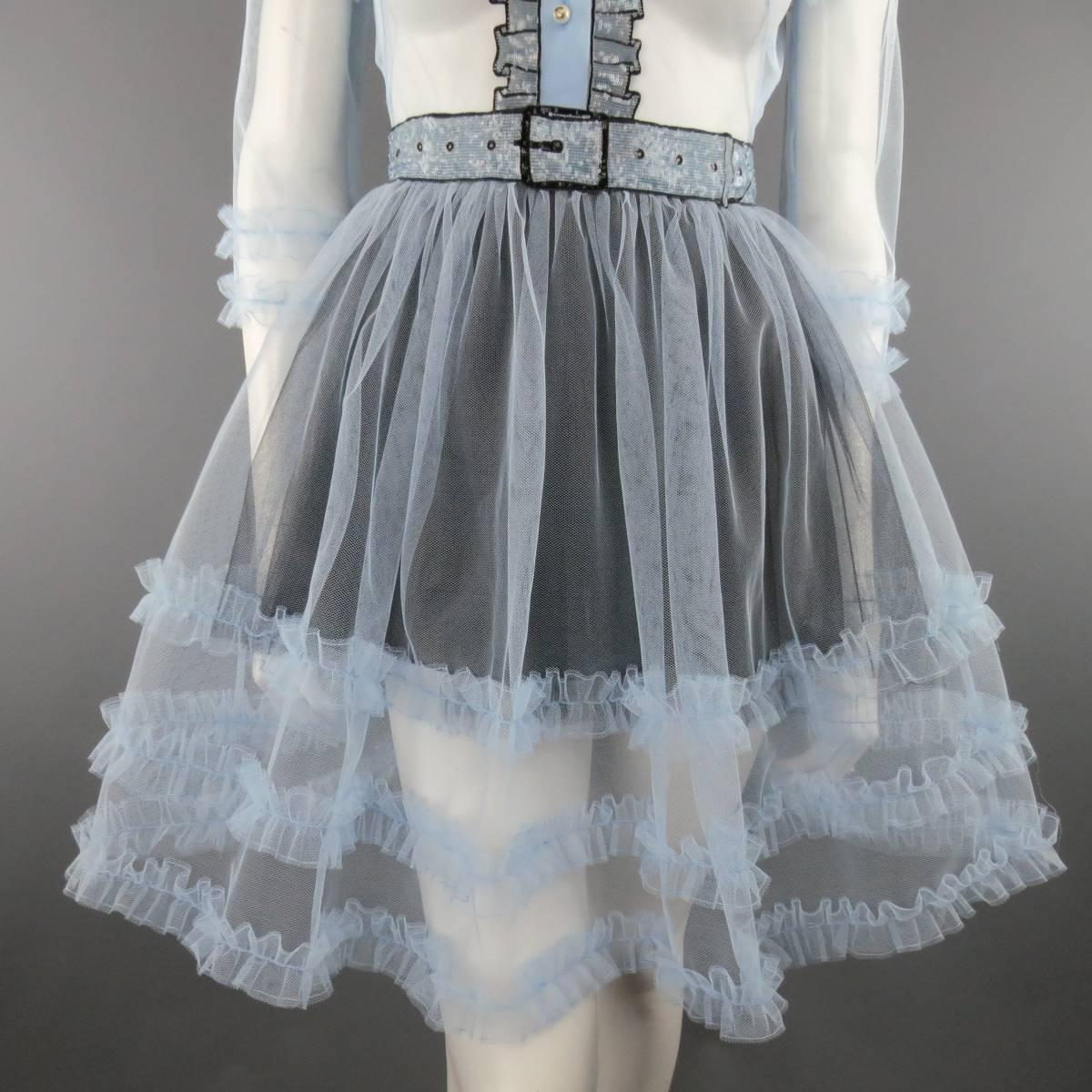 GUCCI SS 2015 4 Light Blue Sequin Belt Tulle Ruffled Cocktail Dress In Good Condition In San Francisco, CA
