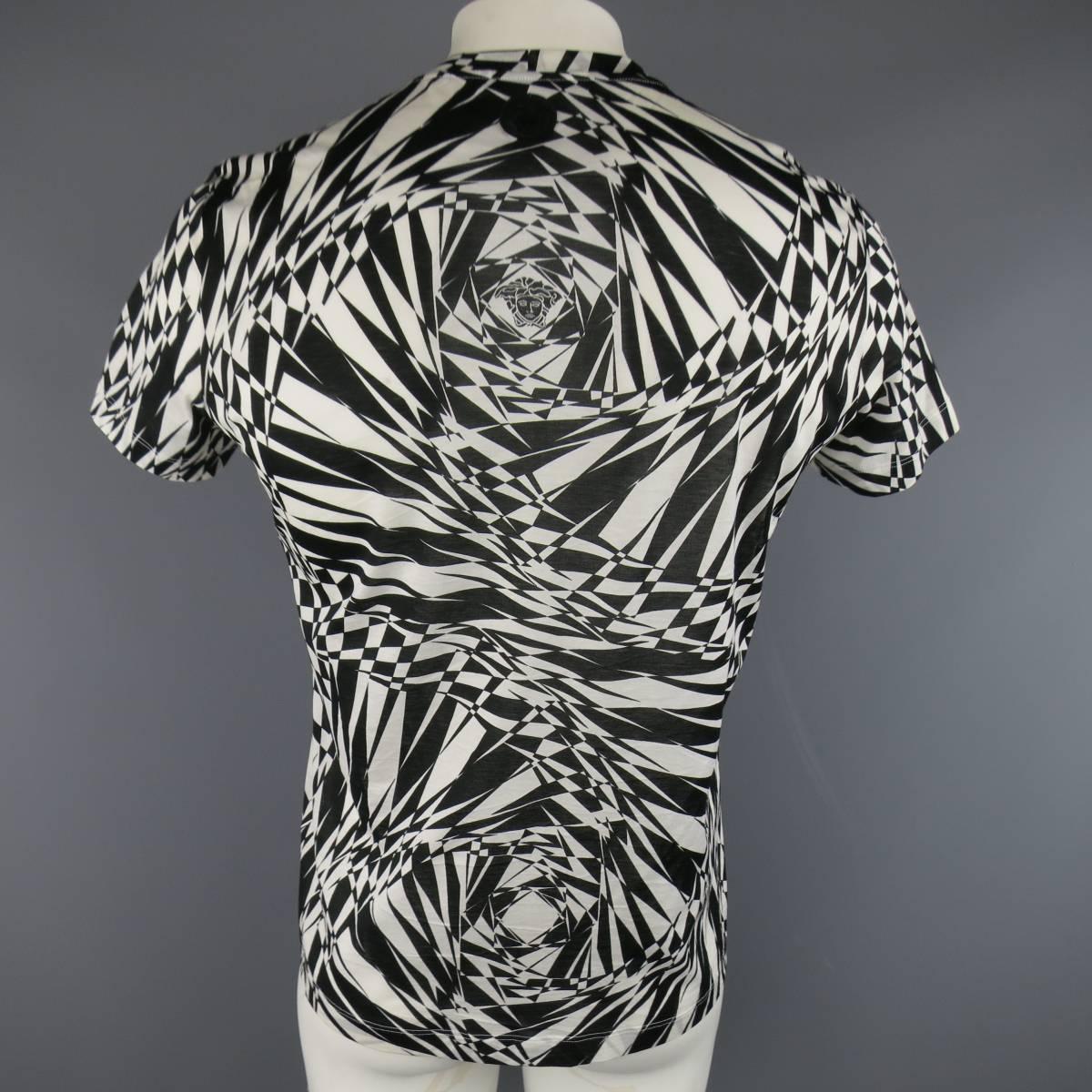 VERSACE Size L Black & White Geometric Medusa Print Sheer Cotton T-shirt 3