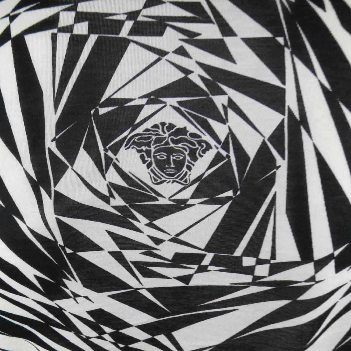 VERSACE Size L Black & White Geometric Medusa Print Sheer Cotton T-shirt 1