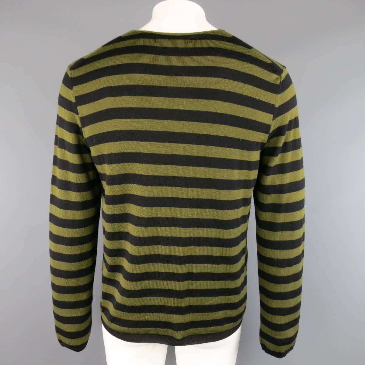 COMME des GARCONS BLACK Size XL Olive & Black Striped Wool V Neck Pullover In Excellent Condition In San Francisco, CA