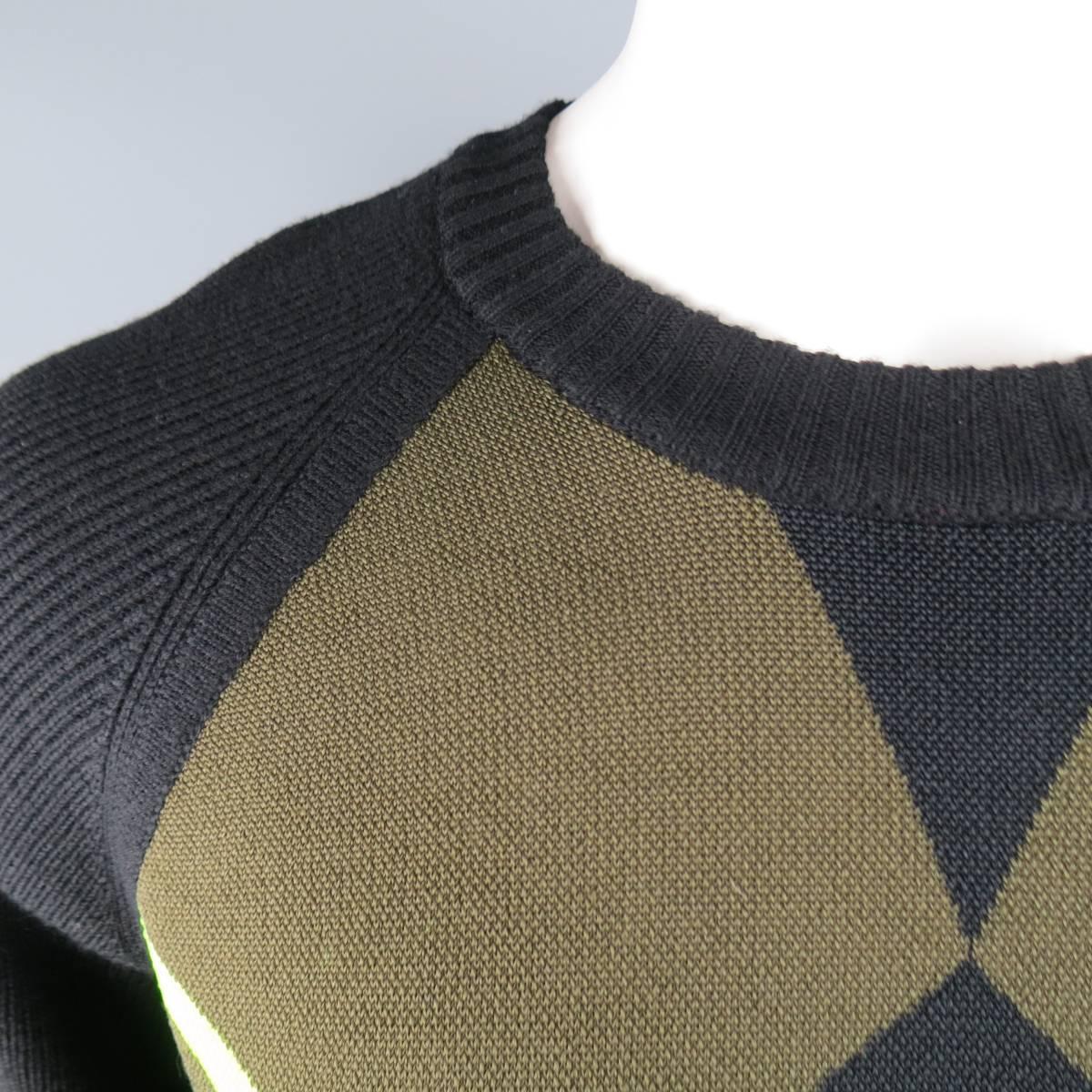 Yohji Yamamoto Y-3 Black Olive Green Geometric Striped Wool Sweater In Excellent Condition In San Francisco, CA