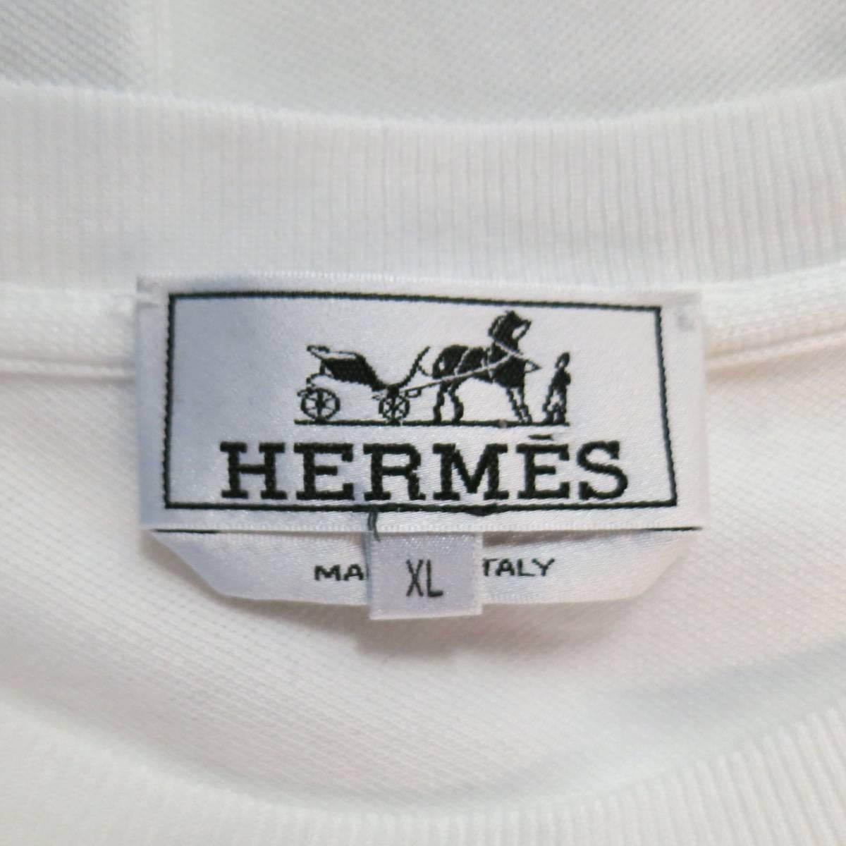 HERMES Size XL White Pique Ebroidered Emblem Ras du Cou Pocket T-shirt 1