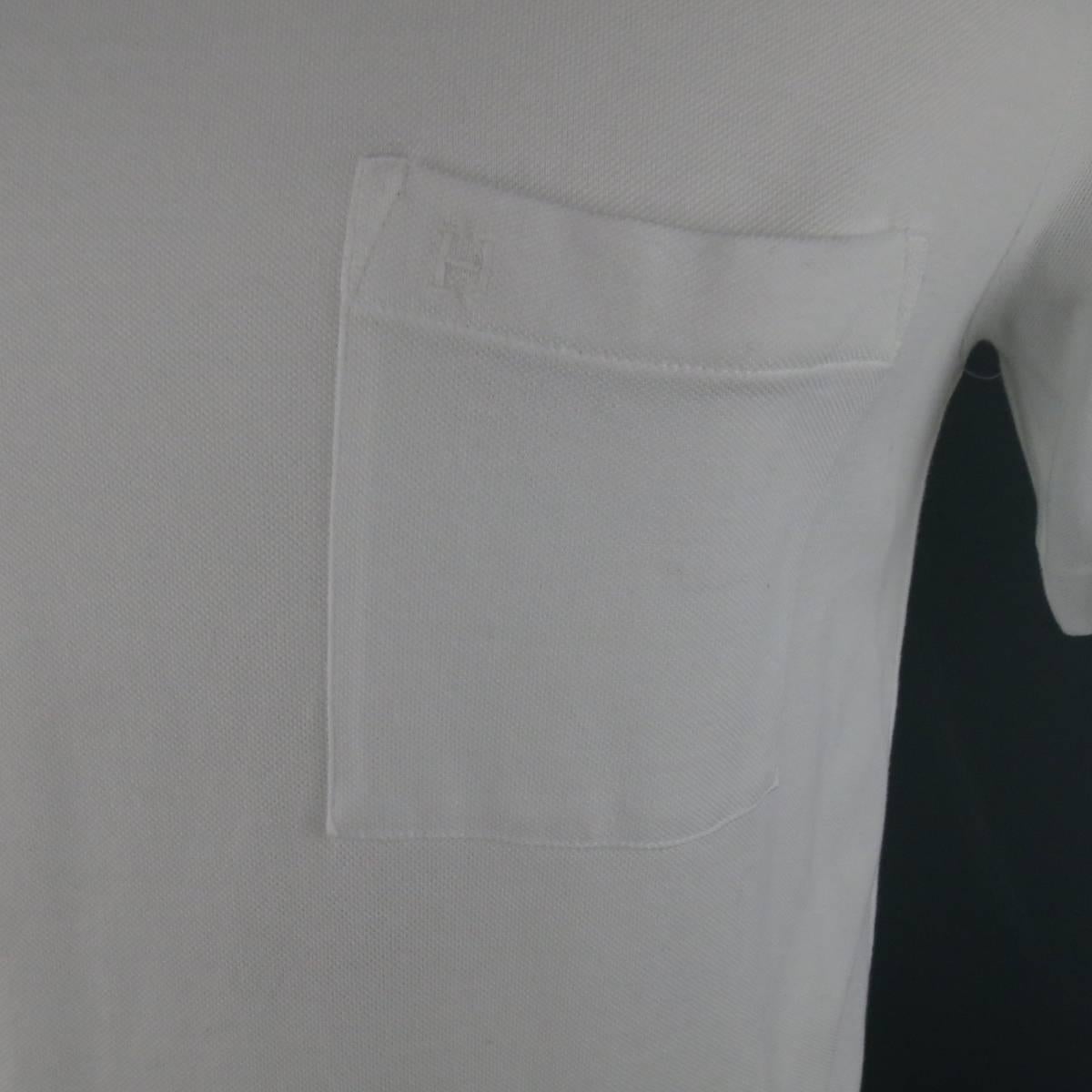 Gray HERMES Size XL White Pique Ebroidered Emblem Ras du Cou Pocket T-shirt