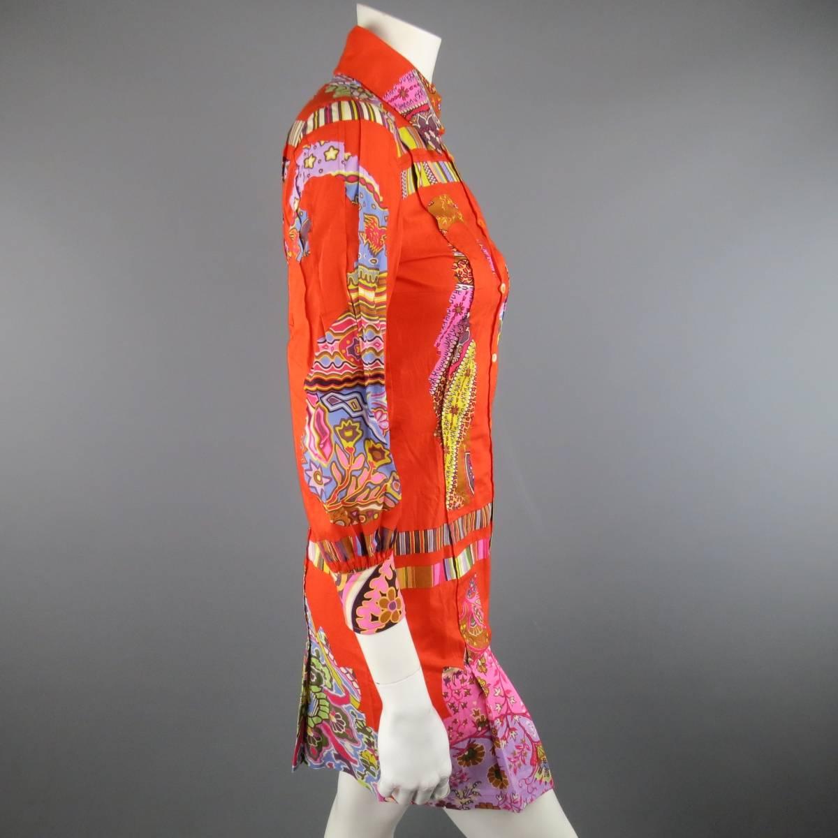 Women's ETRO Size 4 Orange Mixed Print Cotton Pleated Shirt Dress