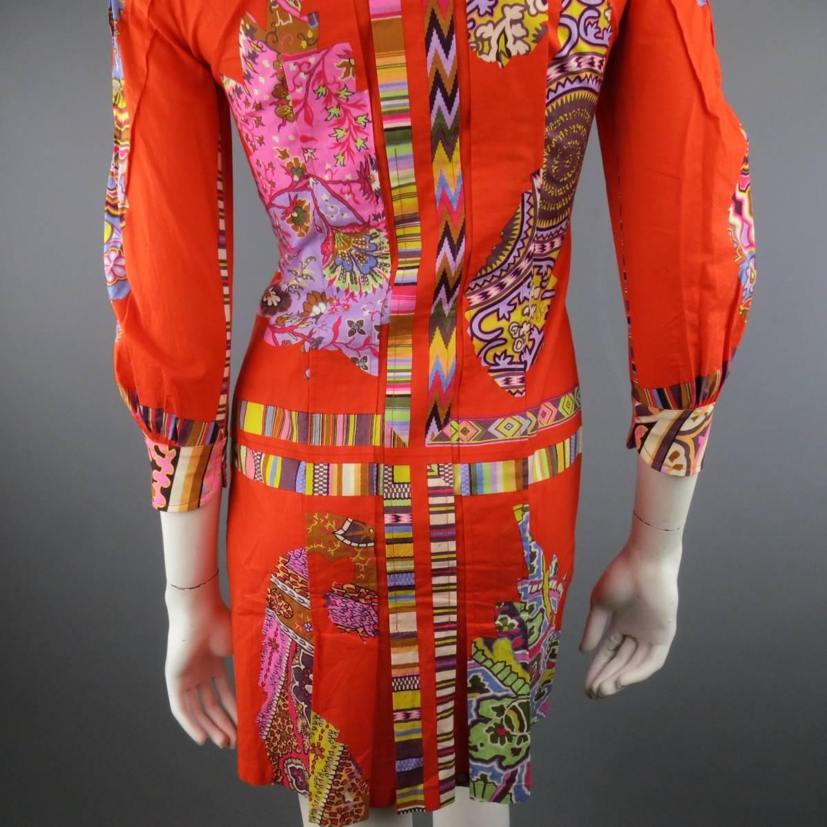 ETRO Size 4 Orange Mixed Print Cotton Pleated Shirt Dress 2