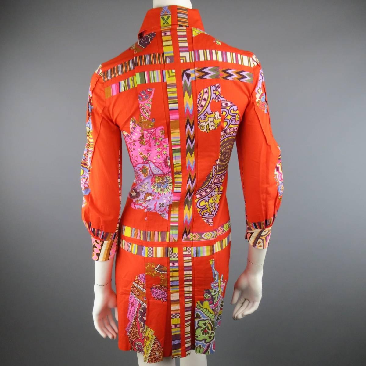 ETRO Size 4 Orange Mixed Print Cotton Pleated Shirt Dress 3