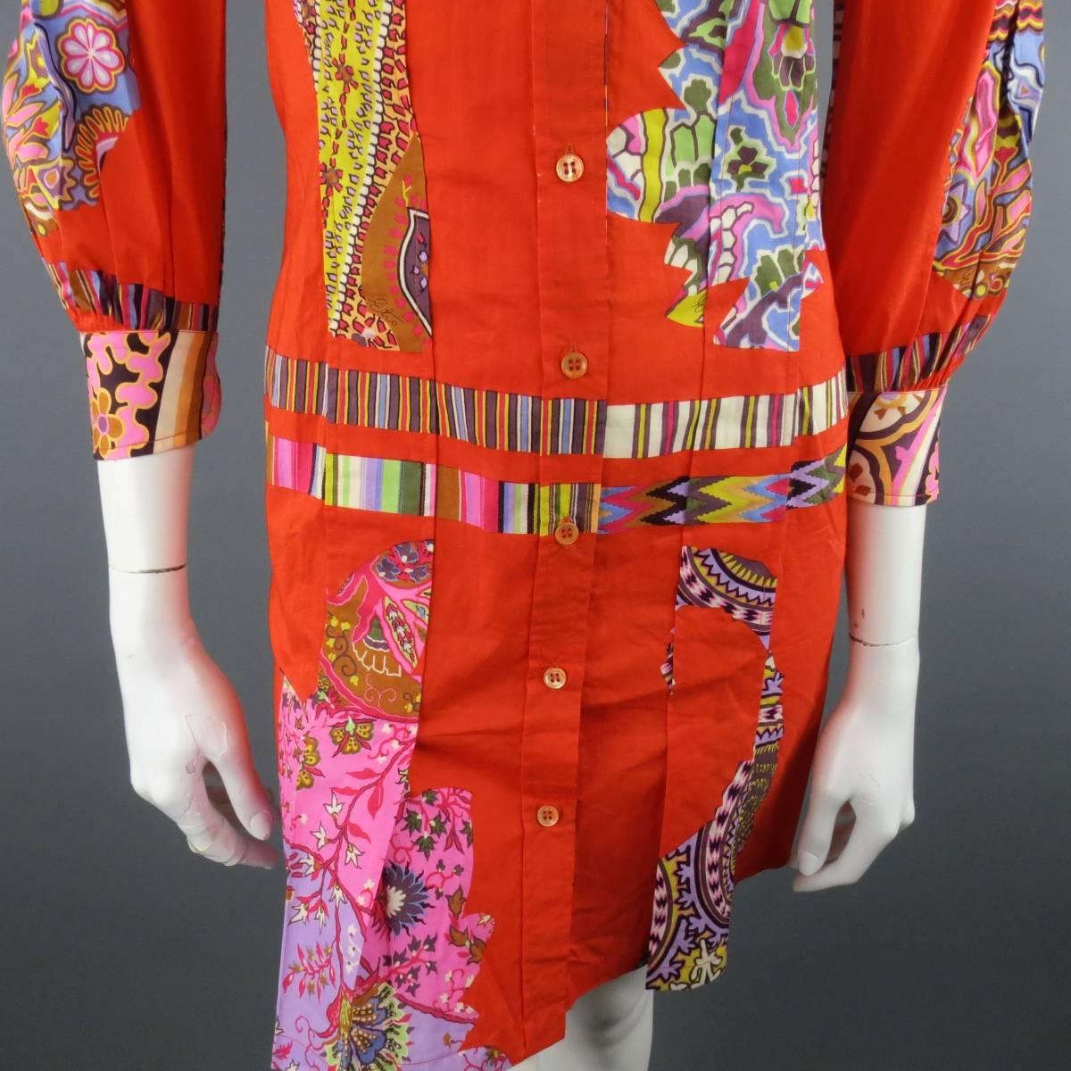 ETRO Size 4 Orange Mixed Print Cotton Pleated Shirt Dress In Excellent Condition In San Francisco, CA