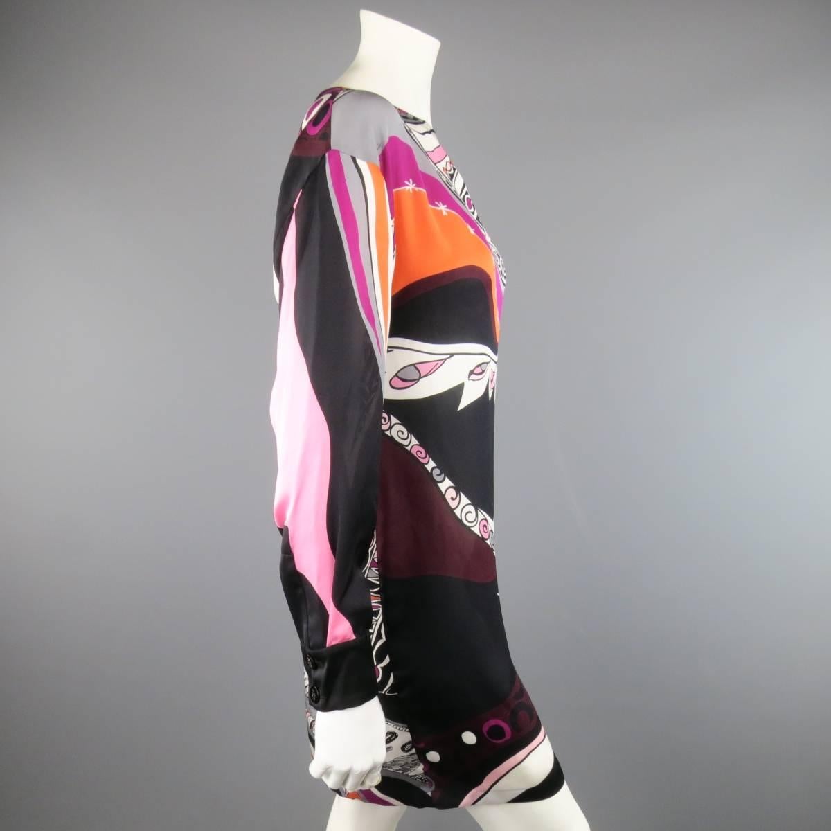 EMILIO PUCCI Size 6 Black Ornage & Pink Print Silk Long Sleeve Shift Dress 1