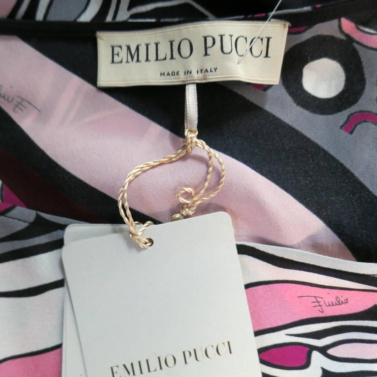 EMILIO PUCCI Size 6 Black Ornage & Pink Print Silk Long Sleeve Shift Dress 6
