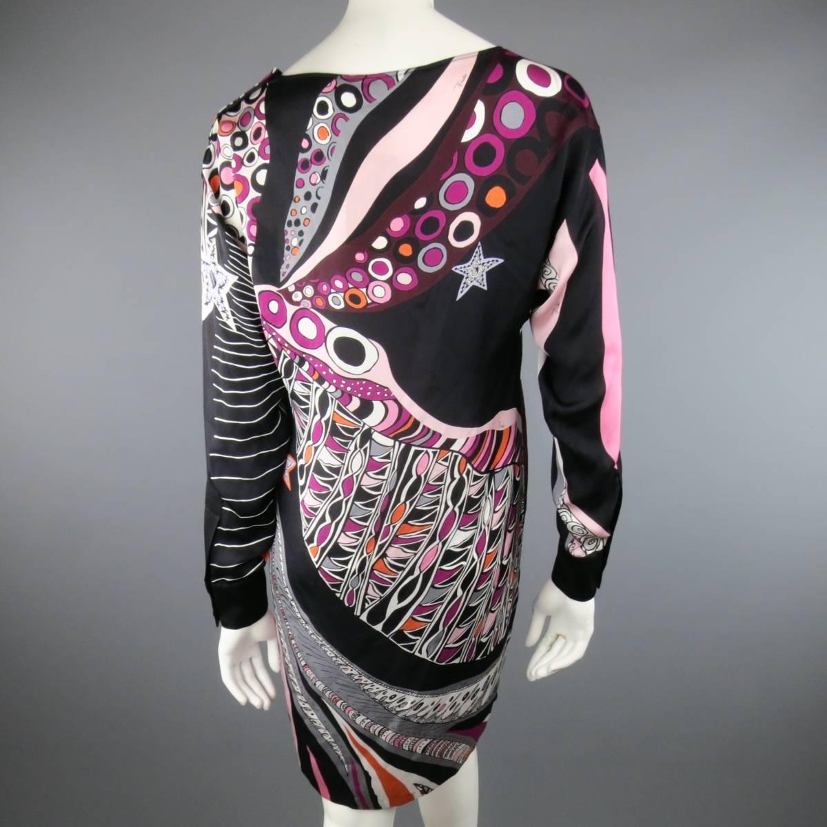 EMILIO PUCCI Size 6 Black Ornage & Pink Print Silk Long Sleeve Shift Dress 2