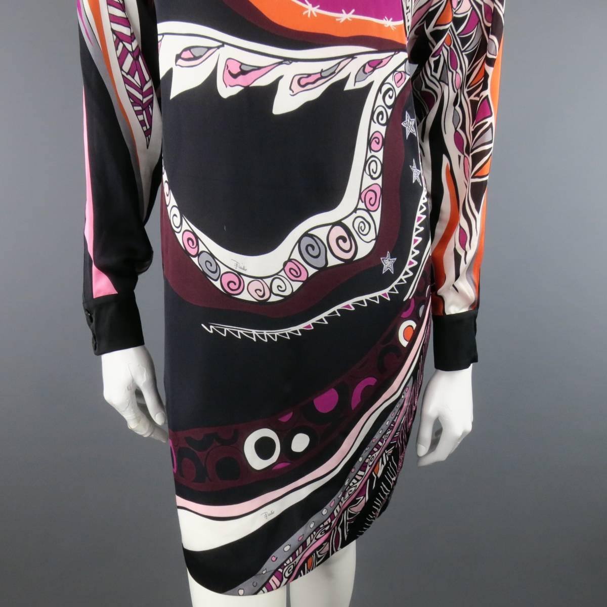 EMILIO PUCCI Size 6 Black Ornage & Pink Print Silk Long Sleeve Shift Dress In Excellent Condition In San Francisco, CA