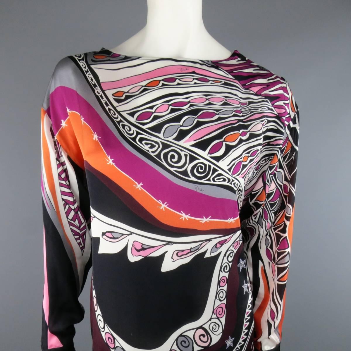 EMILIO PUCCI silk multi-colored abstract print shift dress in hues of black, beige, orange, pink, and burguny features a boat neck with side button collar and long sleeves. Made in Italy.
 
Excellent Pre-Owned Condition. With Tags. Retails at