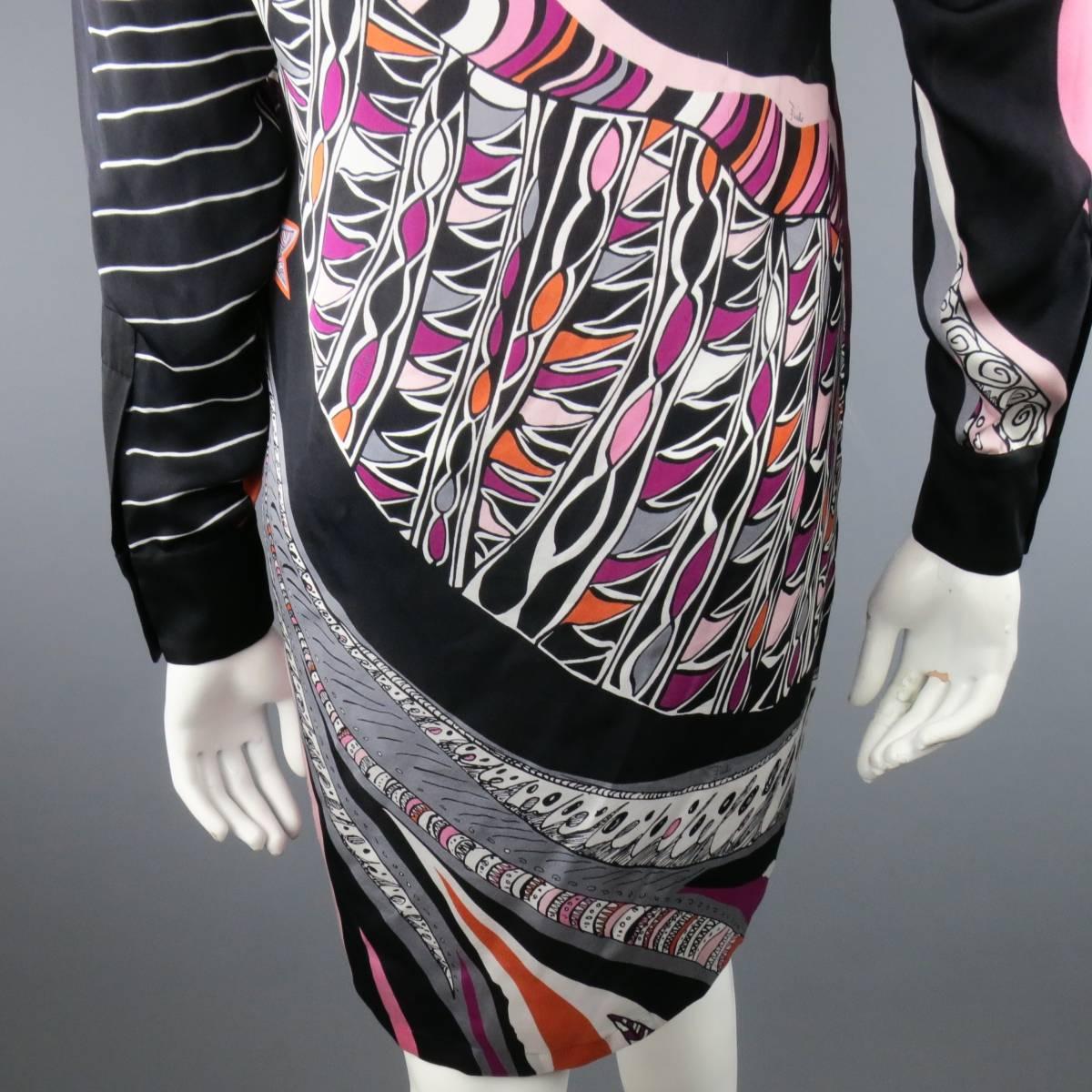 EMILIO PUCCI Size 6 Black Ornage & Pink Print Silk Long Sleeve Shift Dress 5
