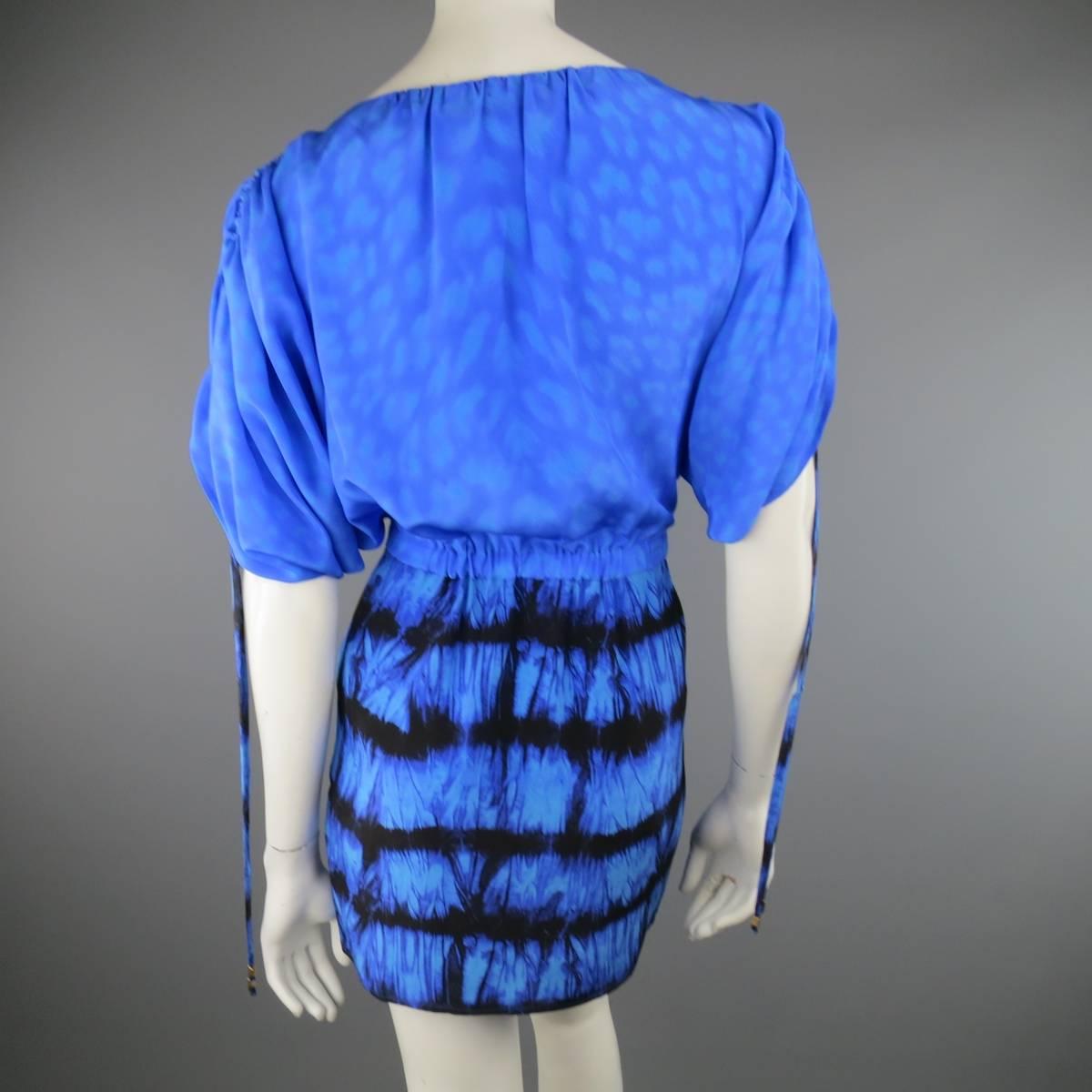 ROBERTO CAVALLI 4 Blue & Black Cheetah & Tie Dye Silk DRawstring Sleeve Dress 2