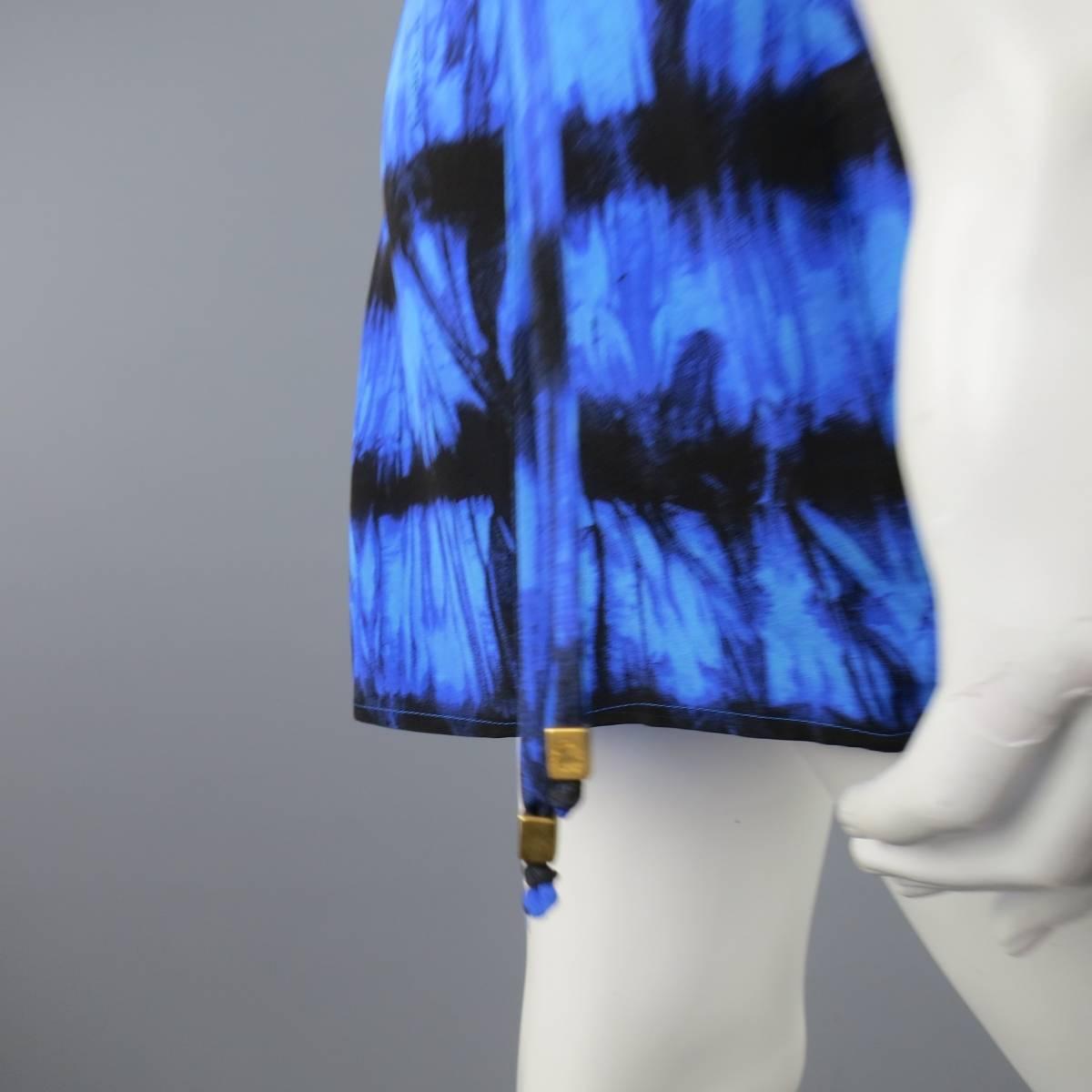 Women's ROBERTO CAVALLI 4 Blue & Black Cheetah & Tie Dye Silk DRawstring Sleeve Dress