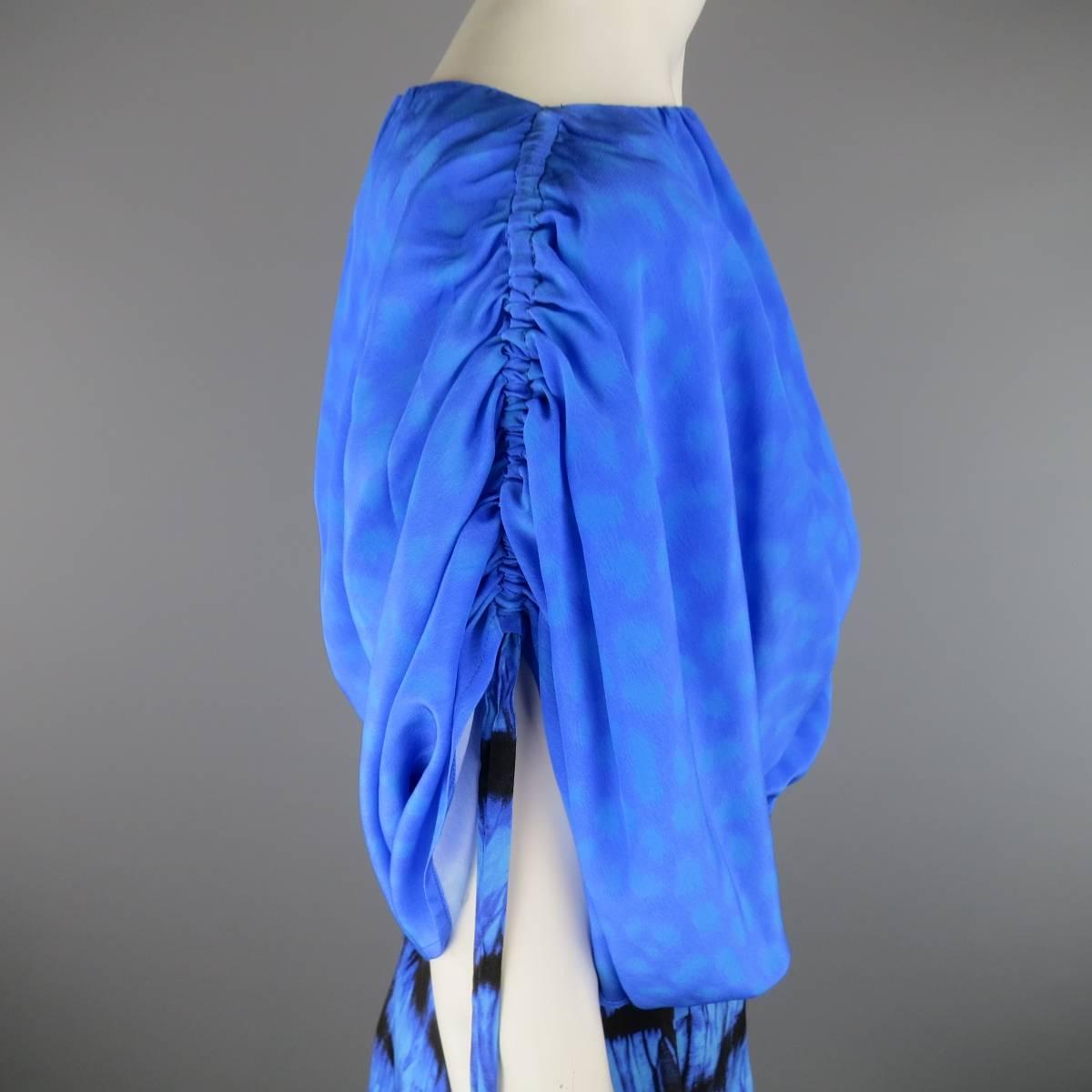 ROBERTO CAVALLI 4 Blue & Black Cheetah & Tie Dye Silk DRawstring Sleeve Dress 1