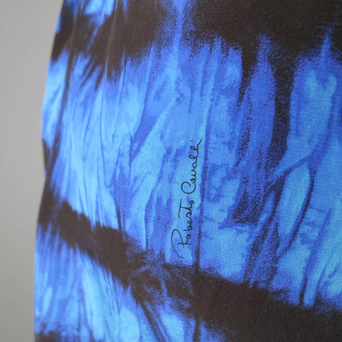 ROBERTO CAVALLI 4 Blue & Black Cheetah & Tie Dye Silk DRawstring Sleeve Dress 3
