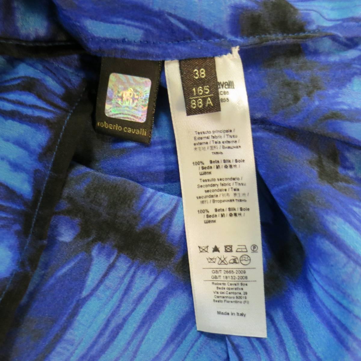 ROBERTO CAVALLI 4 Blue & Black Cheetah & Tie Dye Silk DRawstring Sleeve Dress 5
