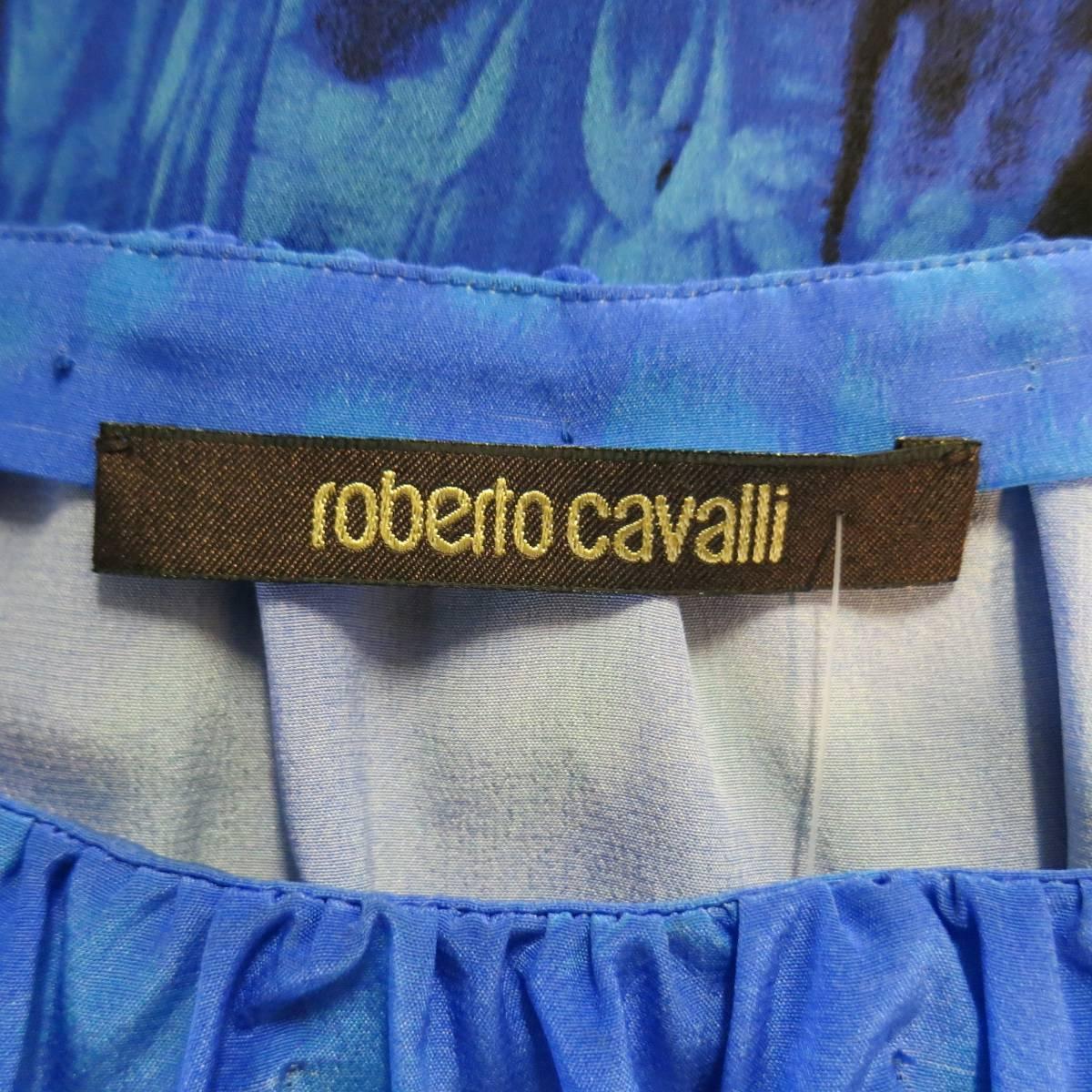 ROBERTO CAVALLI 4 Blue & Black Cheetah & Tie Dye Silk DRawstring Sleeve Dress 4