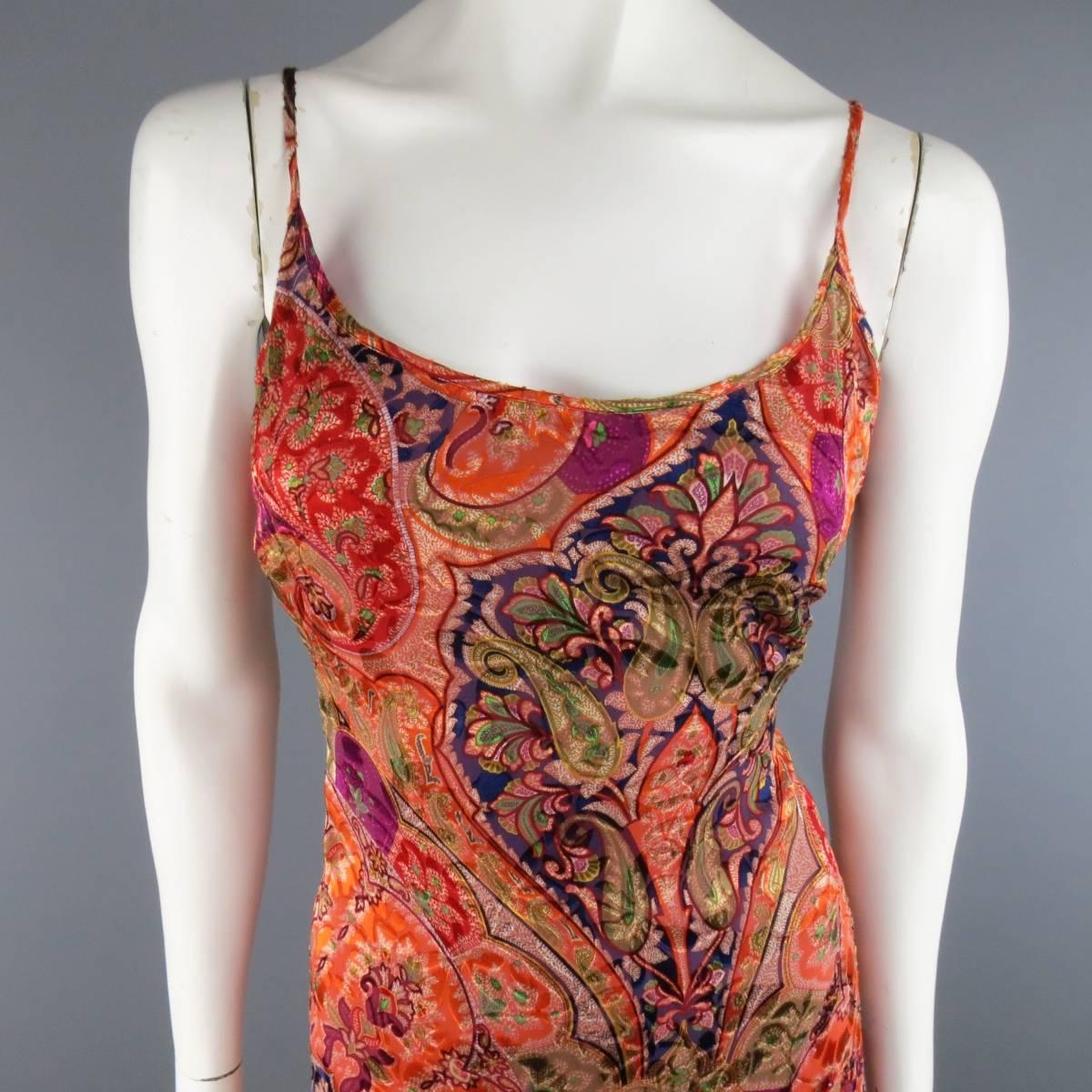 MAX MARA slip dress comes in a silk blend burnt orange burnout chiffon with all over multi color paisley print featuring a scoop neck, spaghetti straps, asymmetrical drop waist, ruffle hem, and red orange crepe lining. Made in Italy.
 
Good