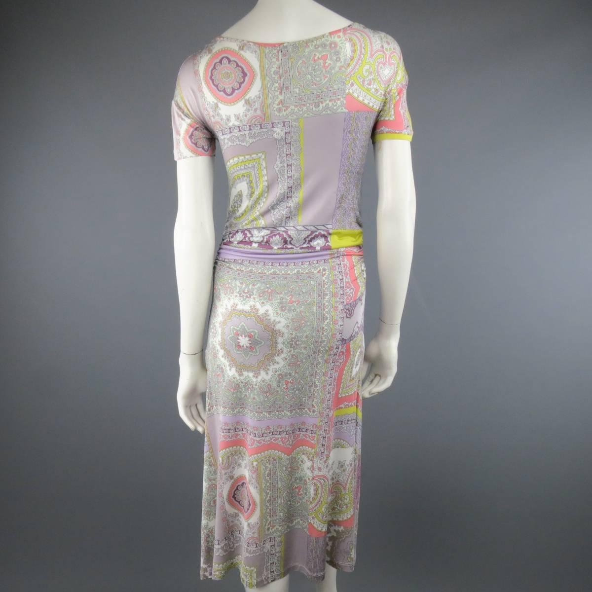 ETRO Size 4 Lavender Pastel Paisley Print Jersey Midi A line Dress 2