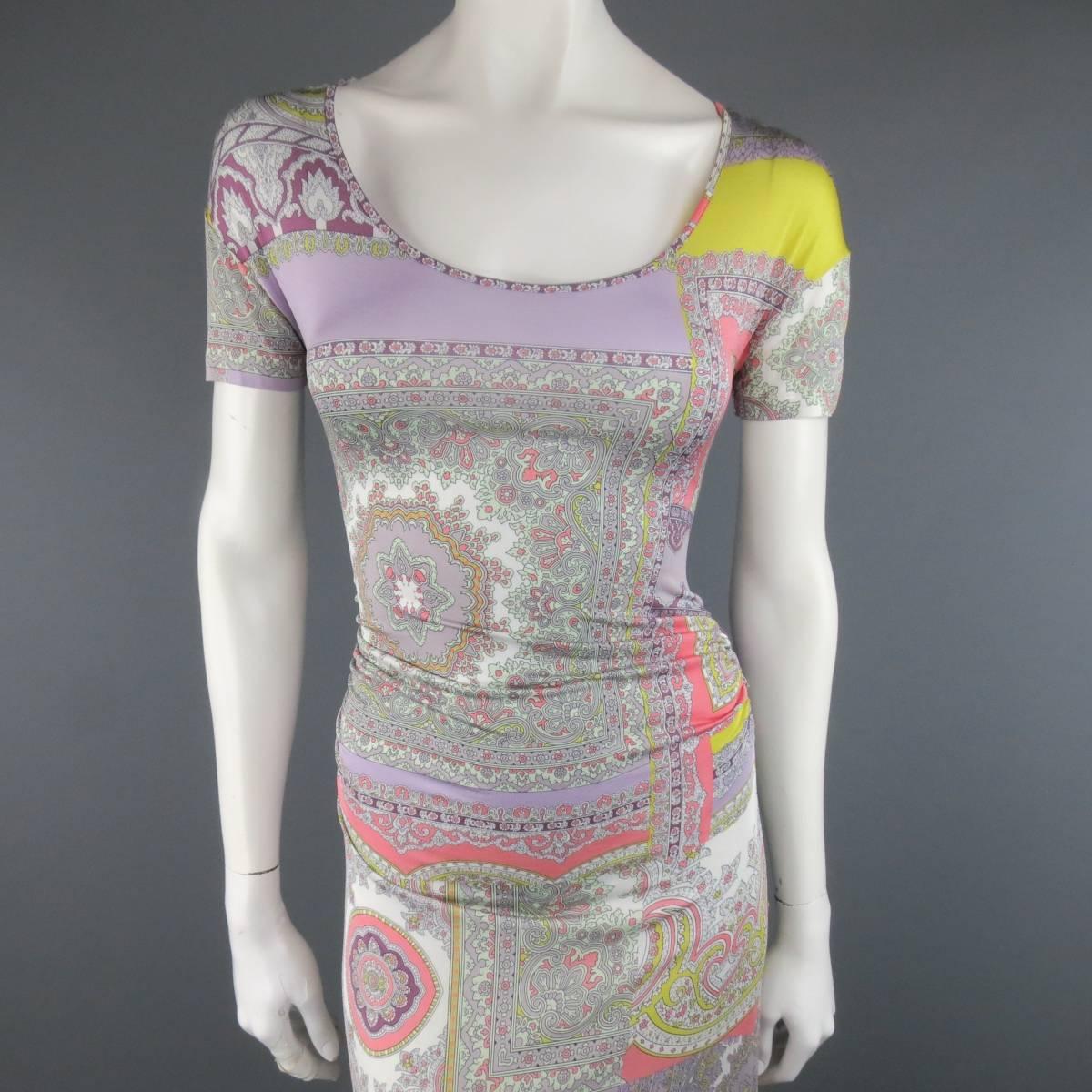 ETRO viscose blend jersey sheath dress with generous stretch in a lilac grey with pastel yellow and pink block paisley bandana print featuring a scoop neck, shorts sleeves, and A-line midi skirt with gathering along the waist. Made in Italy.
 
Good