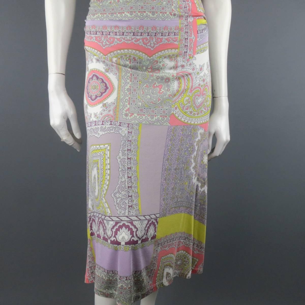 ETRO Size 4 Lavender Pastel Paisley Print Jersey Midi A line Dress In Good Condition In San Francisco, CA