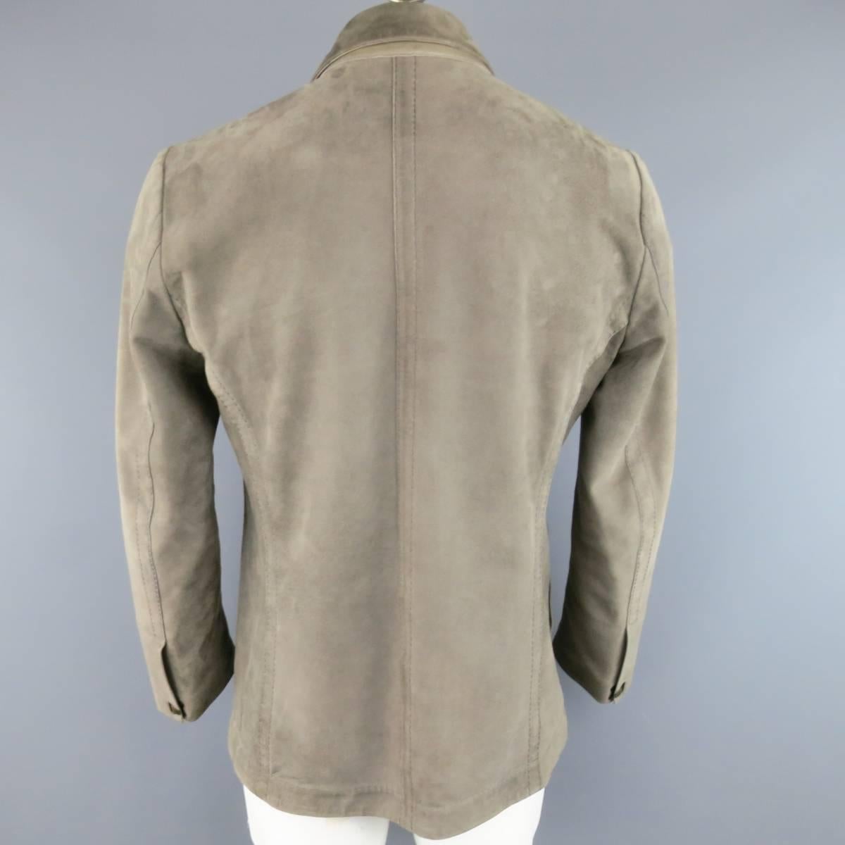 Men's ISAAC SELLAM M Light Taupe Suede Hook Eye CLosure Sport Coat Jacket In Good Condition In San Francisco, CA