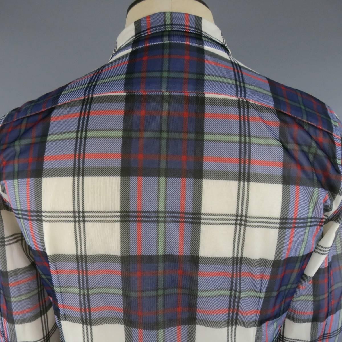 COMME des GARCONS Size M Navy & White Plaid Mesh Overlay Long Sleeve Zip Shirt 2