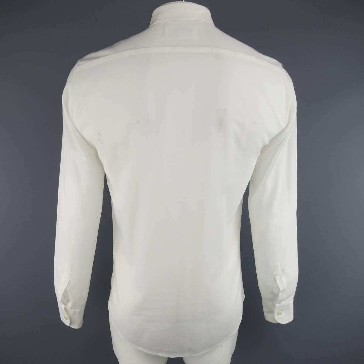 Men's MAISON MARTIN MARGIELA L White Sheer Cotton Frayed Trim Pocket Long Sleeve Shirt