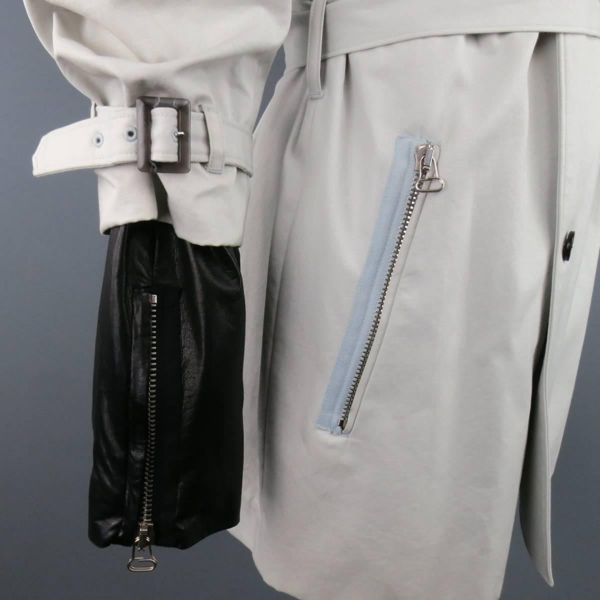 Gray 3.1 PHILLIP LIM M Khaki Cotton Band Collar Leather Sleeve Trenchcoat