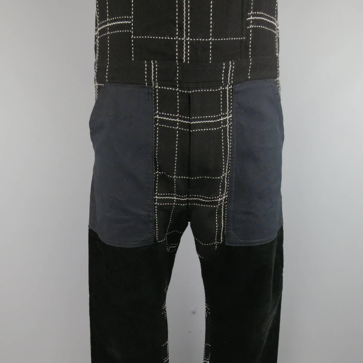 JUNYA WATANABE MAN Size L Black & White Window Pane Corduroy Patch Overalls In Excellent Condition In San Francisco, CA