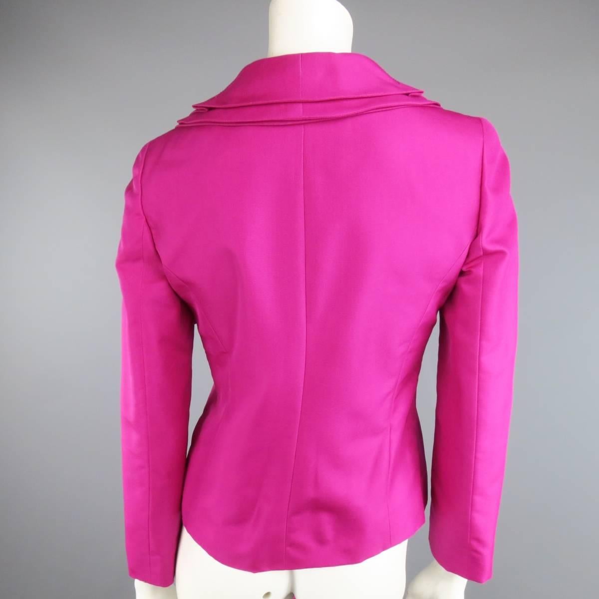 VALENTINO Size 4 Fuchsia Textured Silk Taffeta Ruffled Collar Jacket Skirt Suit 1