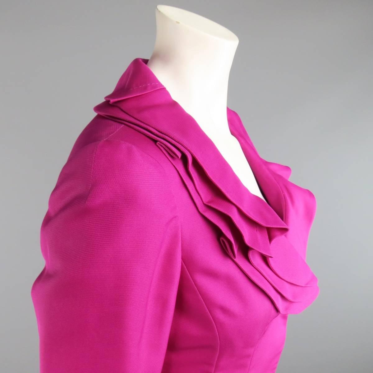 Women's VALENTINO Size 4 Fuchsia Textured Silk Taffeta Ruffled Collar Jacket Skirt Suit
