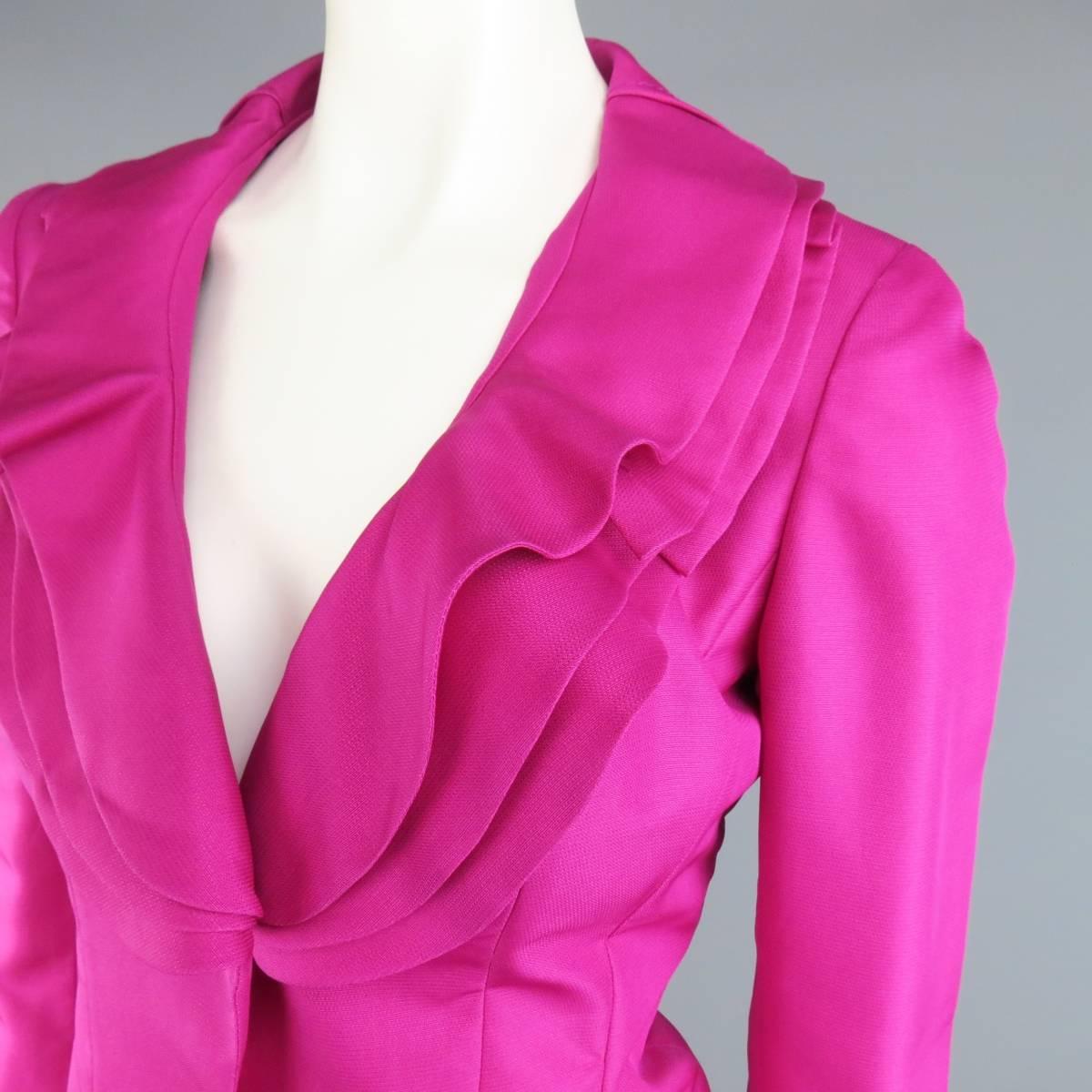 Pink VALENTINO Size 4 Fuchsia Textured Silk Taffeta Ruffled Collar Jacket Skirt Suit