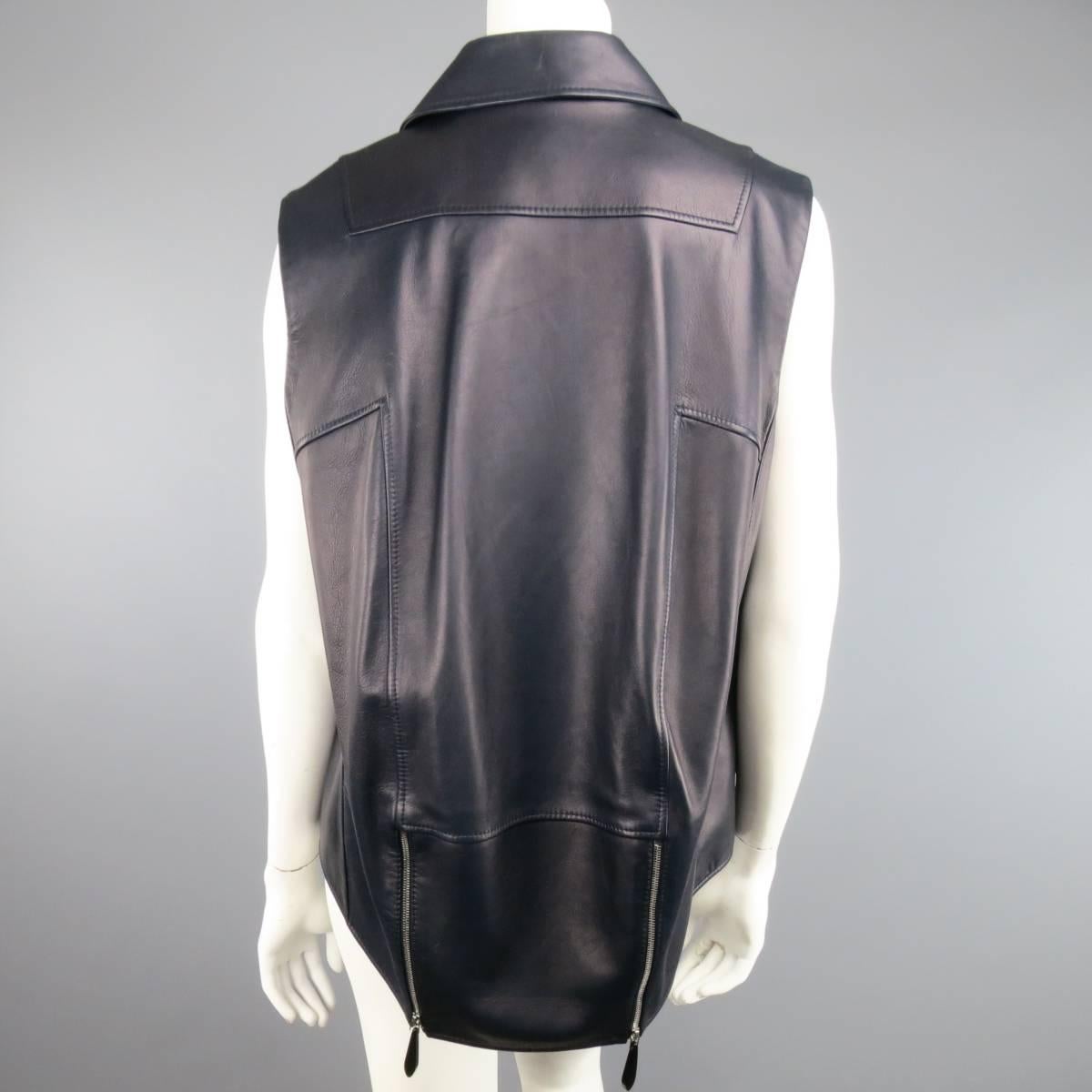 LENA LUMELSKY Size 4 Navy Leather Structured Back Motorcycle Leather Vest  In Good Condition For Sale In San Francisco, CA