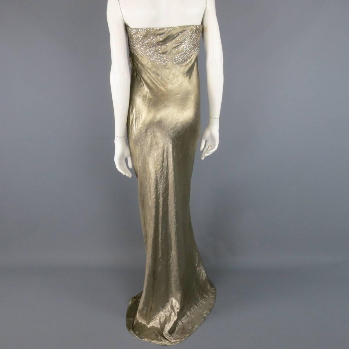 Women's RALPH LAUREN Size 4 Champagne Gold Metallic Textured Rhinestoned Strapless Gown