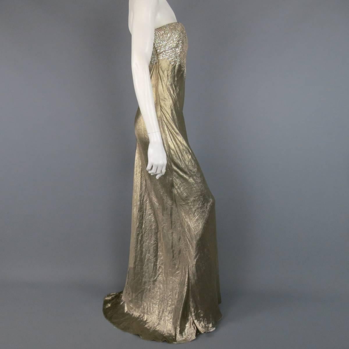 RALPH LAUREN Size 4 Champagne Gold Metallic Textured Rhinestoned Strapless Gown In New Condition In San Francisco, CA