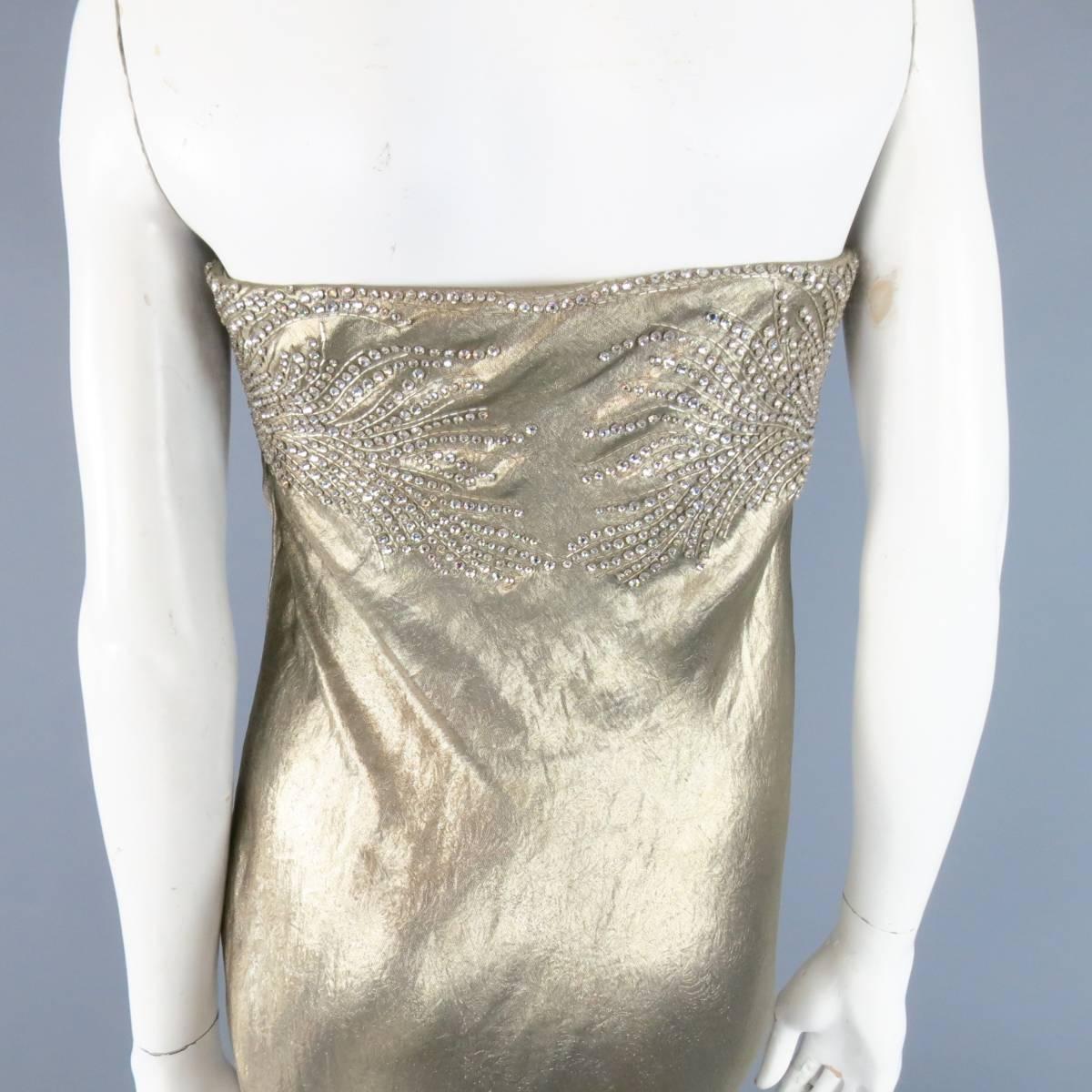 RALPH LAUREN Size 4 Champagne Gold Metallic Textured Rhinestoned Strapless Gown 1