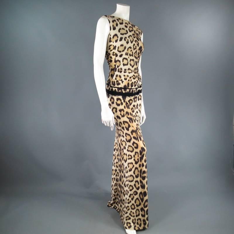 ROBERTO CAVALLI Size 4 Beige & Black Leopard Sleeveless Cutout Maxi Dress 1