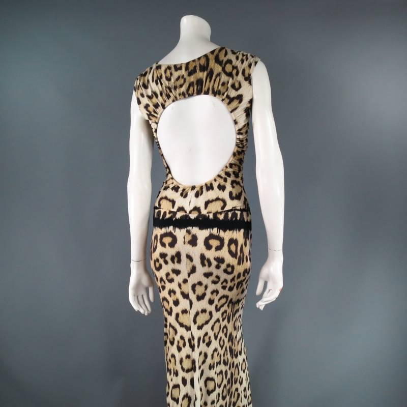 ROBERTO CAVALLI Size 4 Beige & Black Leopard Sleeveless Cutout Maxi Dress 3
