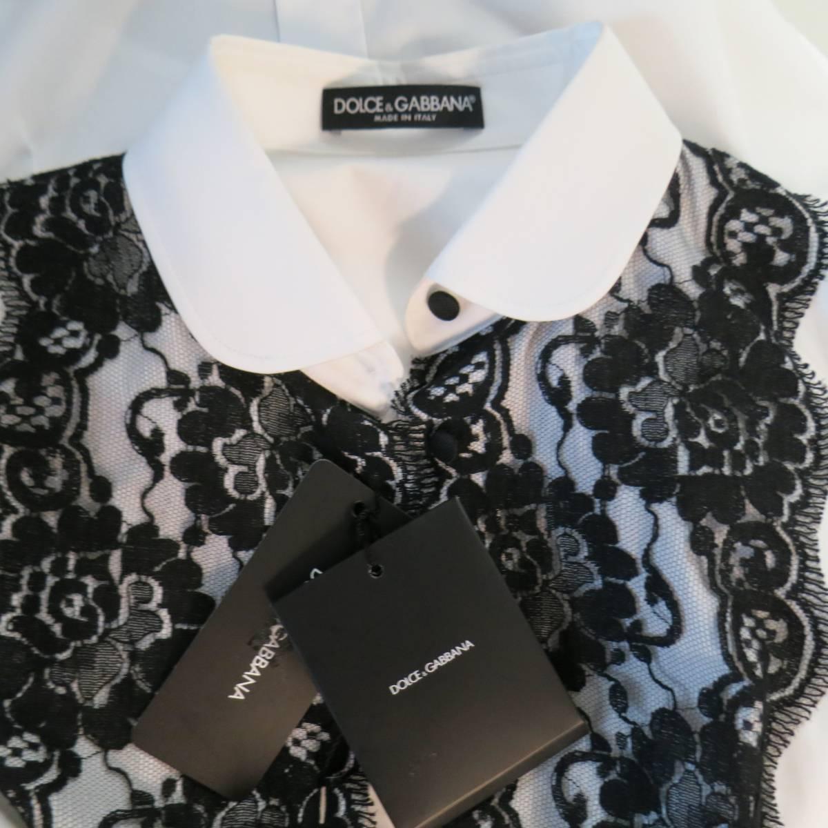 DOLCE & GABBANA Size 10 White & Black Lace Cotton/Nylon Blouse In New Condition In San Francisco, CA
