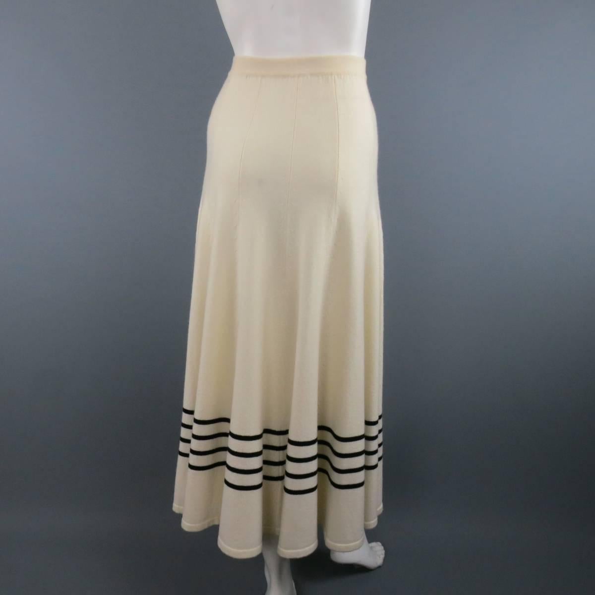 CHANEL Size 6 Beige & Black Nautical Stripe Cashmere A Line Midi Skirt 1