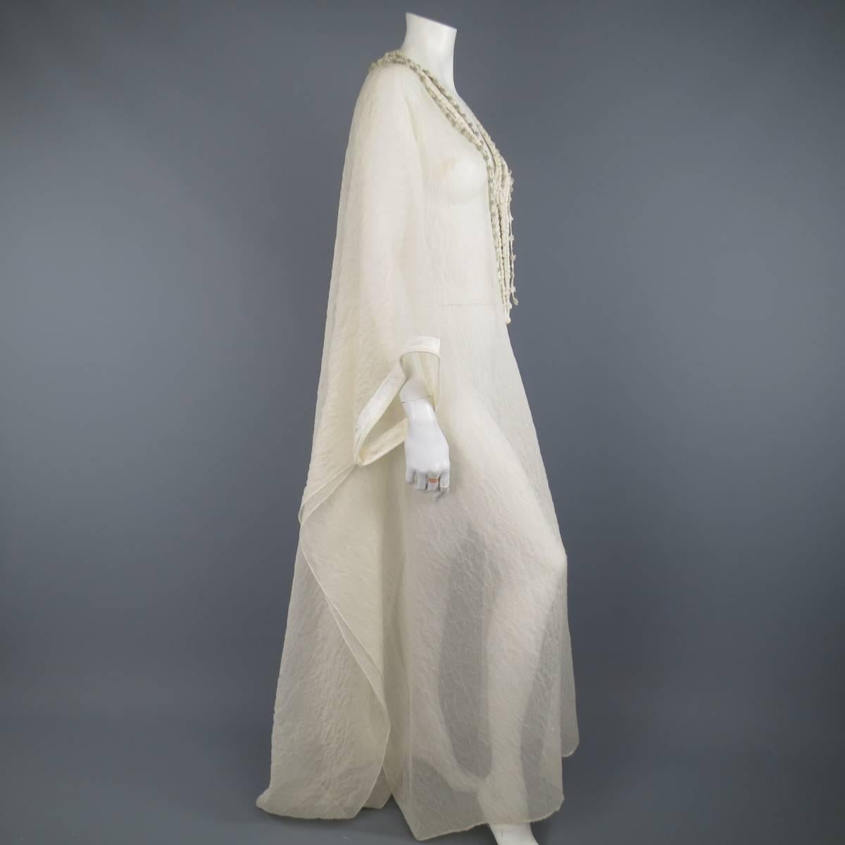 OSCAR DE LA RENTA Beige Textured Silk Fringe Embellished Trim Kaftan Gown 4