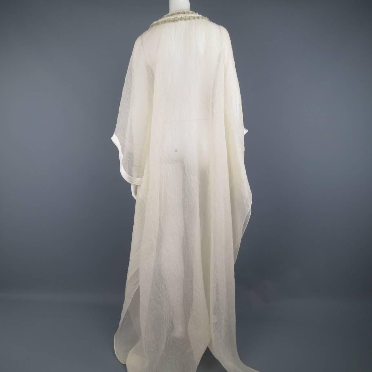 OSCAR DE LA RENTA Beige Textured Silk Fringe Embellished Trim Kaftan Gown 5