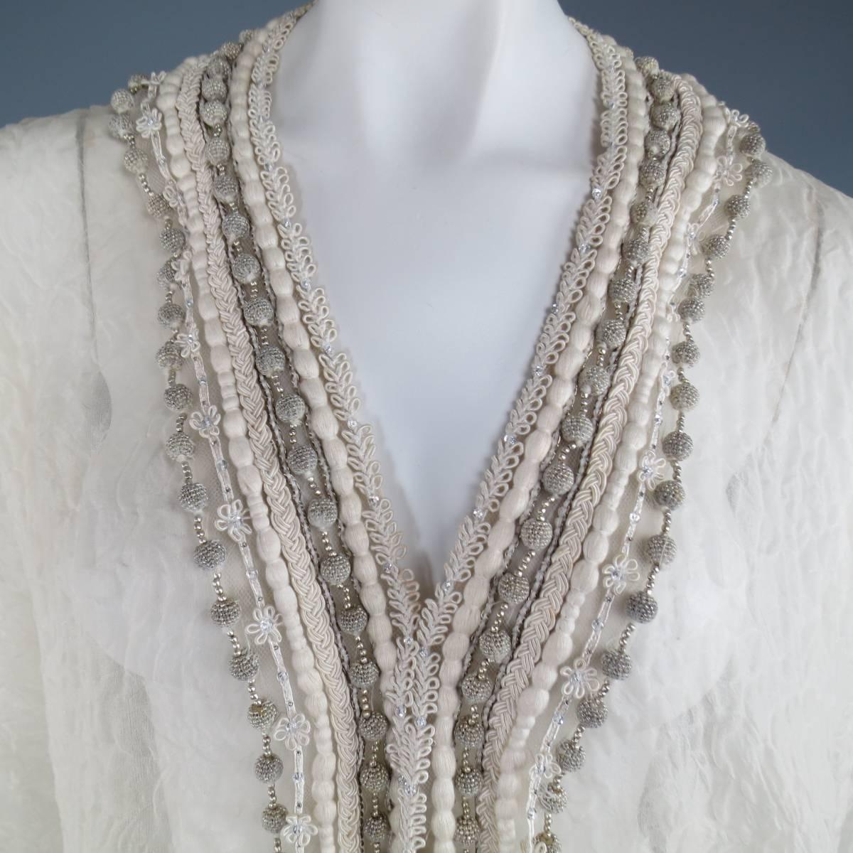 Women's OSCAR DE LA RENTA Beige Textured Silk Fringe Embellished Trim Kaftan Gown