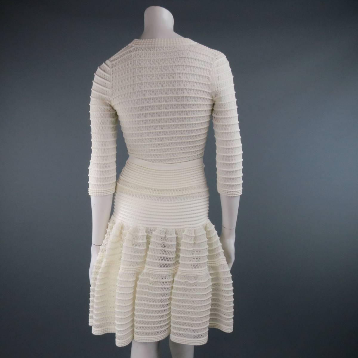 ALAIA Size M Cream Mesh Knit Scoop Neck Ruffle Skirt Set In Excellent Condition In San Francisco, CA